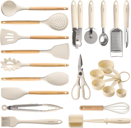 Best Seller - CAROTE 10-Piece Kitchen Utensils Set with Wood Cool-Touch Handles, Cream - Silicone Cooking Utensil, Food Grade, Nonstick Cookware Friendly, BPA-Free, Heat-Resistant, Everyday Home Essentials, Gifts