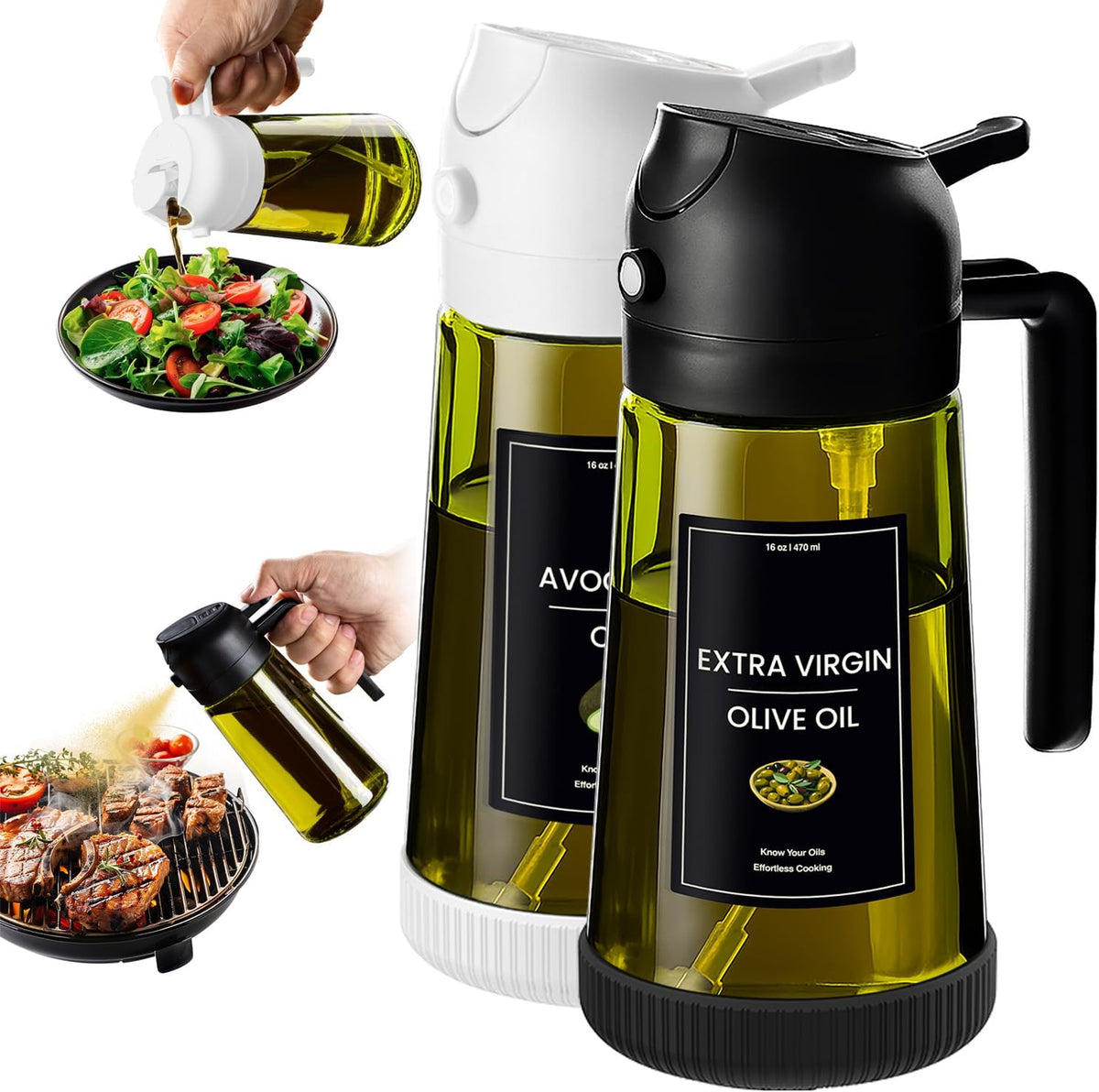Flash Sale - CXINYI - 16oz/470ml Olive Oil Dispenser for Kitchen with Stickers - 2 in 1 Olive Oil Sprayer for Cooking, Air Fryer, and Salad, Black&Green (Light-Proof Kitchen Gadget)