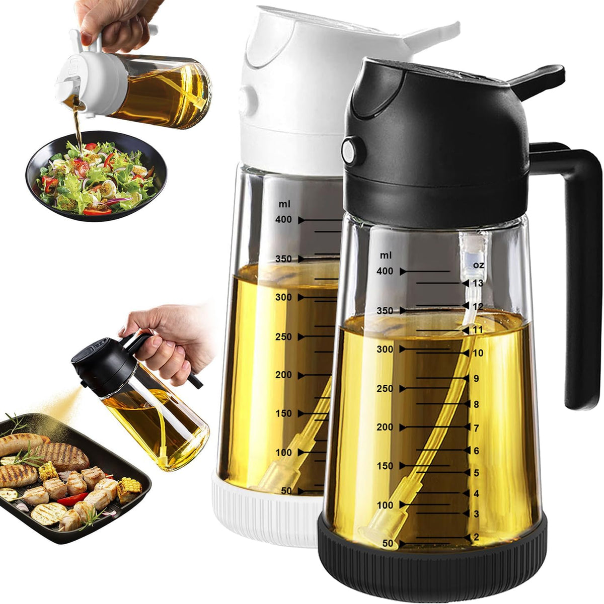 Great Value - TrendPlain 16oz/470ml Glass Olive Oil Sprayer for Cooking – 2 in 1 Olive Oil Dispenser Bottle for Kitchen Gadgets and Air Fryer Accessories, Salad, BBQ - Black & Green