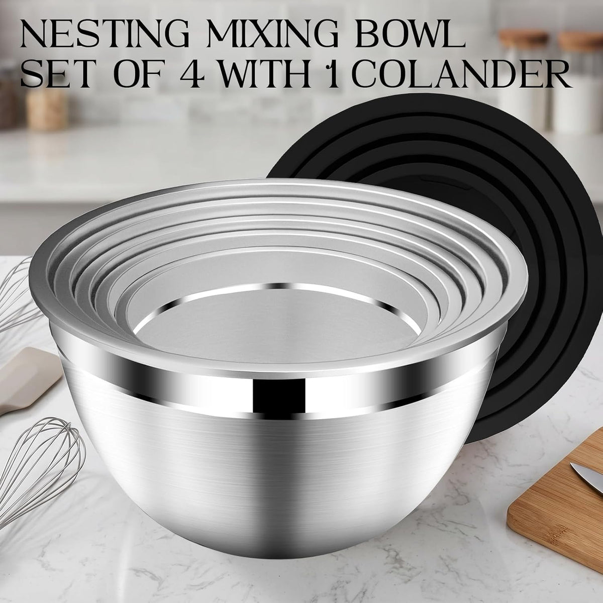 Great Value - Mixing Bowls with Lids Set, Stainless Steel Mixing Bowl with Colander - Home and Kitchen Essential incl. Strainer 3 Qt with Mixing Bowl 1.5/2/2.5/3/4.5Qt for Fruit, Salad, Serving, Cooking - Black