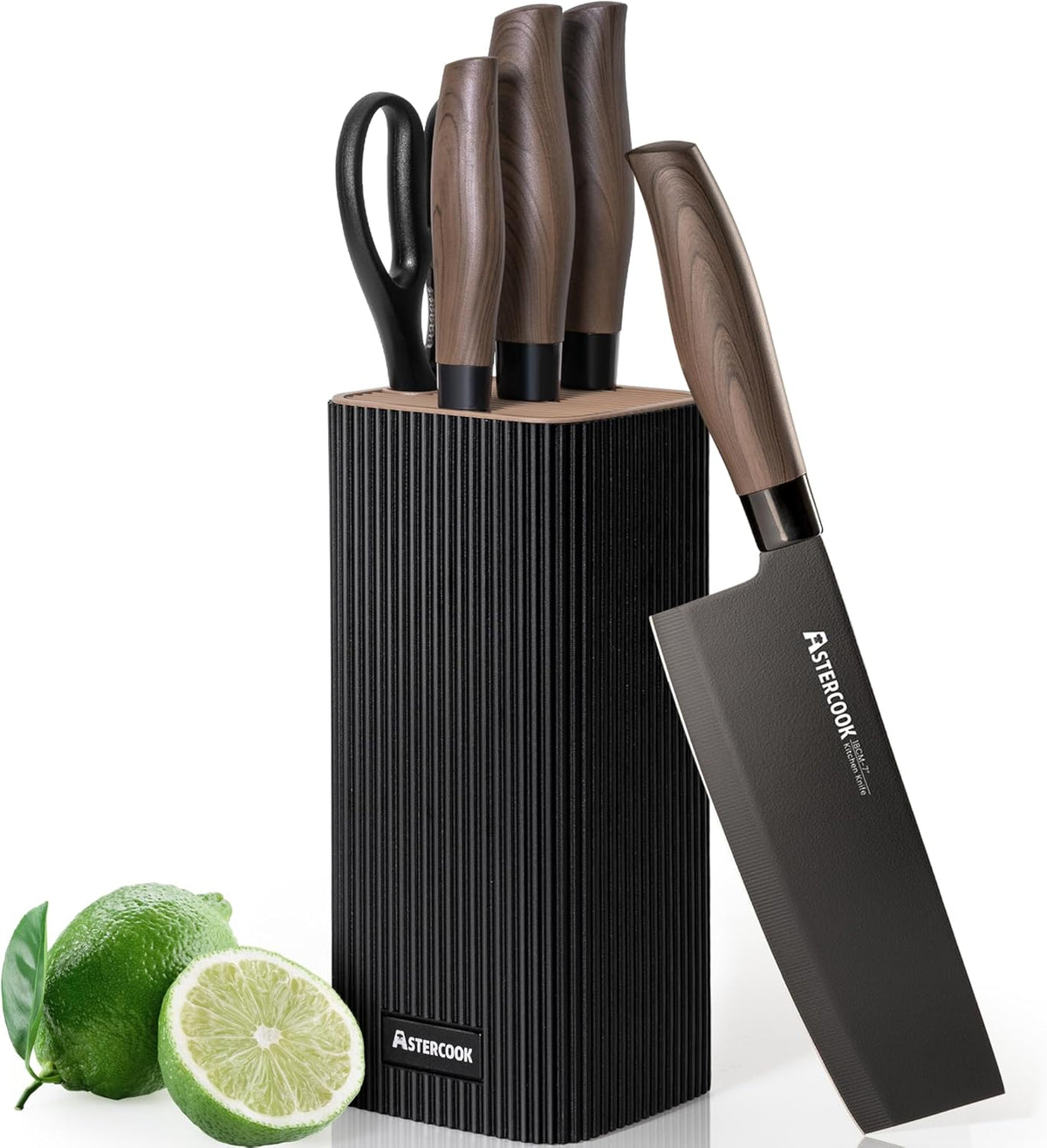 Flash Sale - Astercook Knife Set, 6-Piece Kitchen Knife Set with Block, High Carbon Stainless Steel Ultra Sharp Kitchen Knives, Wood Grain Handle, Dishwasher Safe Knife Block Set, Black, Kitchen Utility Knives