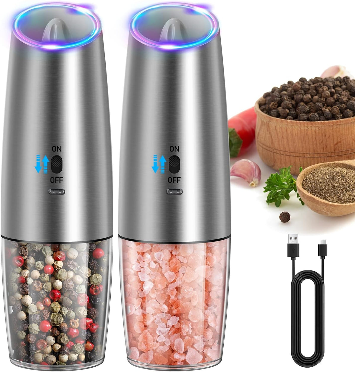 Special Offer - CIRCLE JOY Gravity Electric Salt and Pepper Grinder Set Automatic Salt and Pepper Grinder Set with LED Light, Battery Operated, Adjustable Coarseness, Large Capacity, for Home Kitchen BBQ, Black