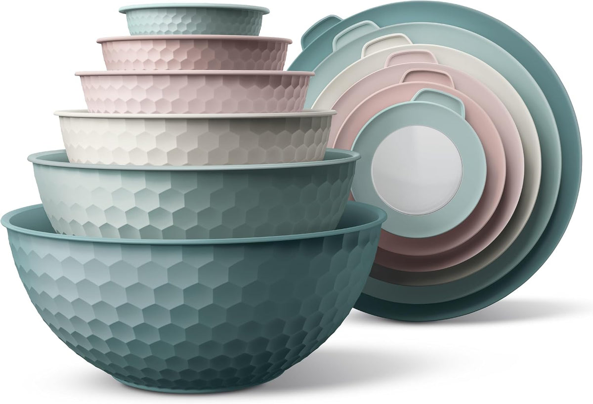 Special Offer - COOK WITH COLOR Mixing Bowls with Lids - 12 Piece Plastic Nesting Bowls Set includes 6 Prep Bowls and 6 Lids, Microwave Safe Mixing Bowl Set, Brown Embossed