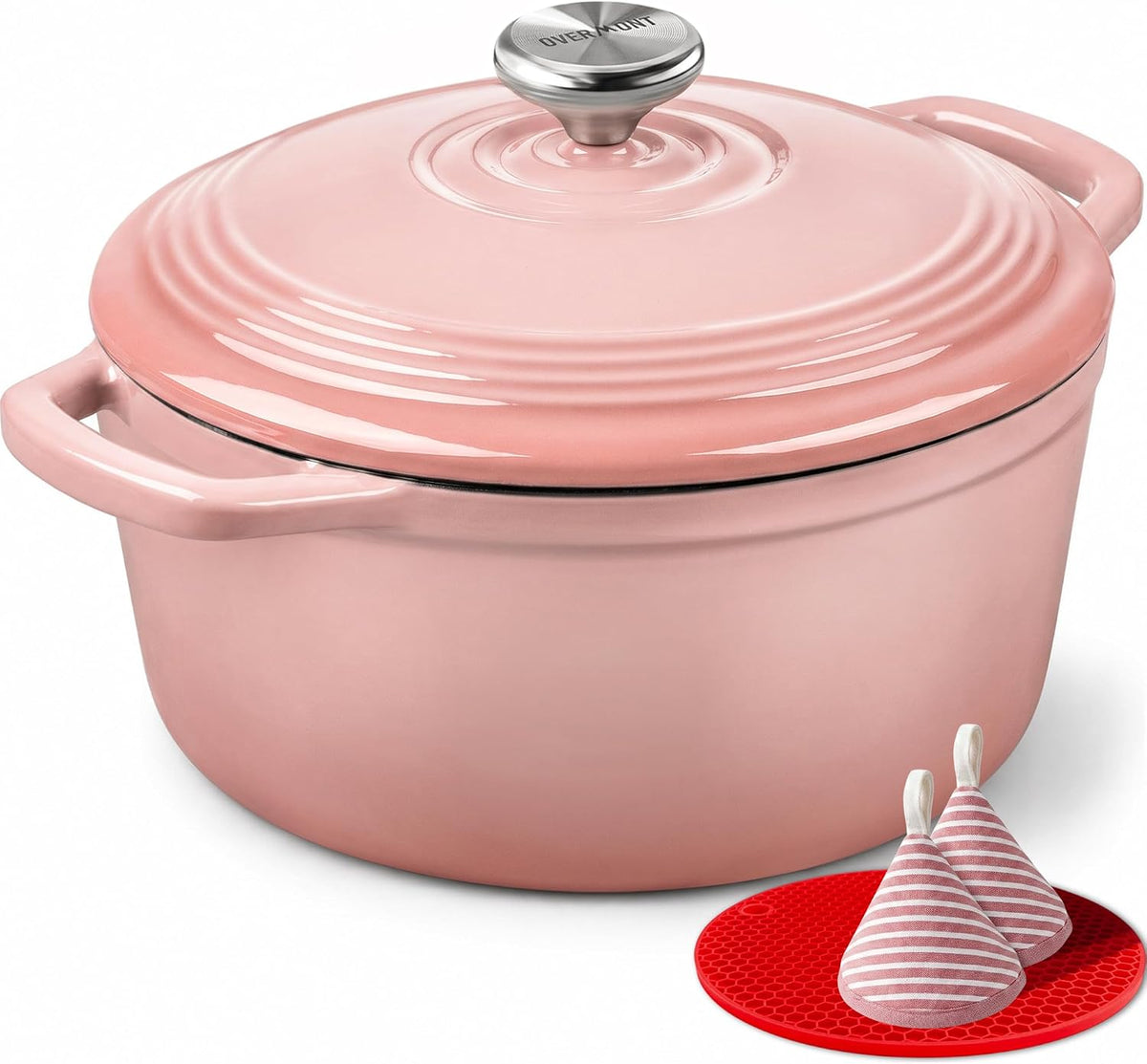 Limited-Time Deal - Overmont Enameled Cast Iron Dutch Oven - 5.5QT Pot with Lid Cookbook - Heavy-Duty Cookware with Cotton Potholders, Enclosed Lid-Knob Design, Oven Safe for Sourdough Baking Braising Stews Roasting