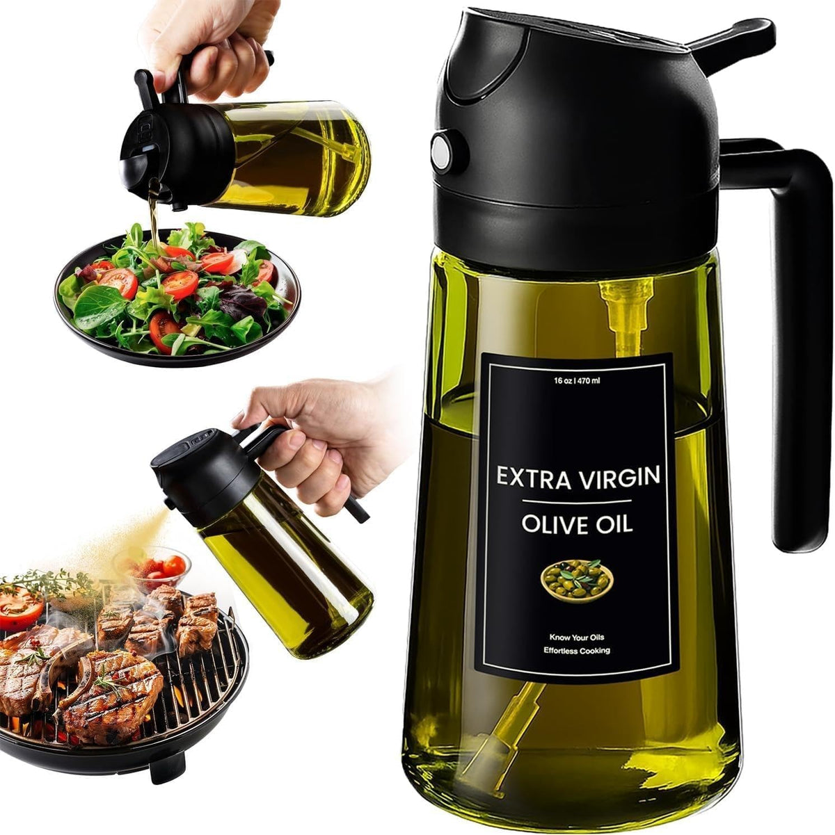 Flash Sale - CXINYI - 16oz/470ml Olive Oil Dispenser for Kitchen with Stickers - 2 in 1 Olive Oil Sprayer for Cooking, Air Fryer, and Salad, Black&Green (Light-Proof Kitchen Gadget)