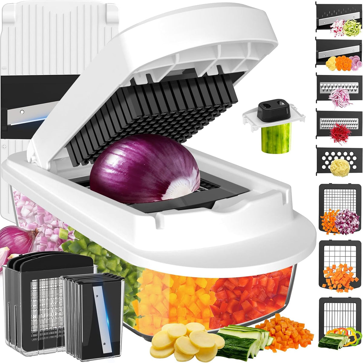 Hot Sale - 8-Blade Cook Tool & Gadget Sets, Egg Slicer Chopper Grater Set, White - Egg Slicer Vegetable Chopper Mandoline Food Grater with Container for Onion, Veggie Salad