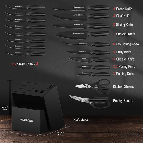 Best Seller - Knife Set, Astercook 21 Pieces Knife Sets for Kitchen with Block, Dishwasher Safe Kitchen Knife Set with Built-in Sharpener, German Stainless Steel Black Knife Block Set, Fathers Day Gift for Men