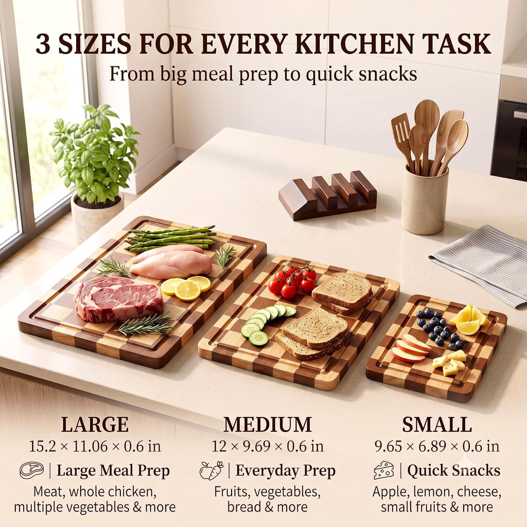 Flash Sale - Checkered Oak Wood Cutting Board Set of 3, Cutting Boards for Kitchen - Non-Toxic, Cutting Board with Stand Juice Groove for Cleaner Prep, Cooked Food Serving, and Upright Storage