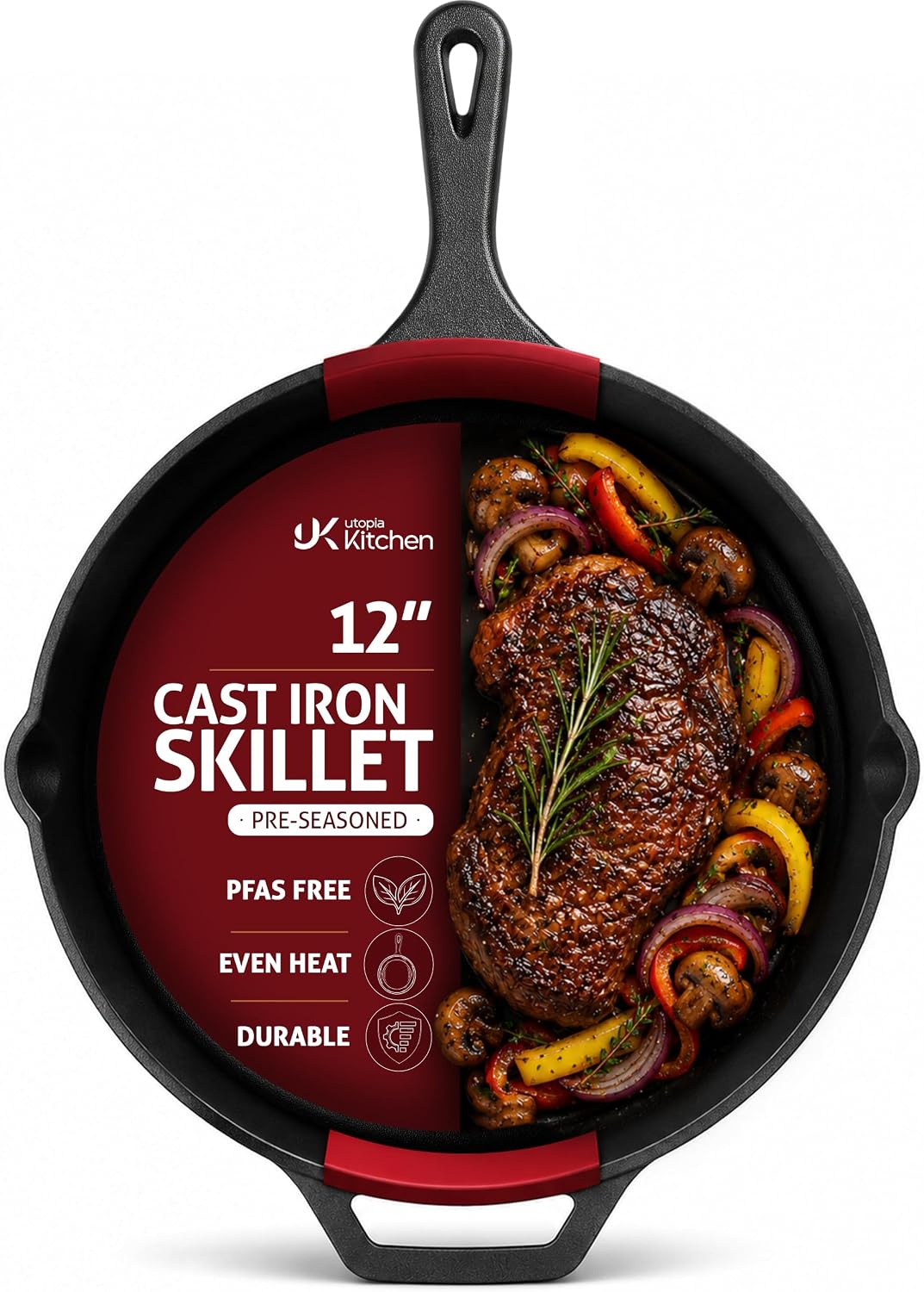 Limited-Time Deal - Utopia Kitchen Cast Iron Skillet 12 Inch Pre-Seasoned PFAS-Free Black - Chef Pan, Even Heat Distribution, Stovetop, Oven, Campfire and Grill Safe, Large Skillet, Indoor Outdoor Use