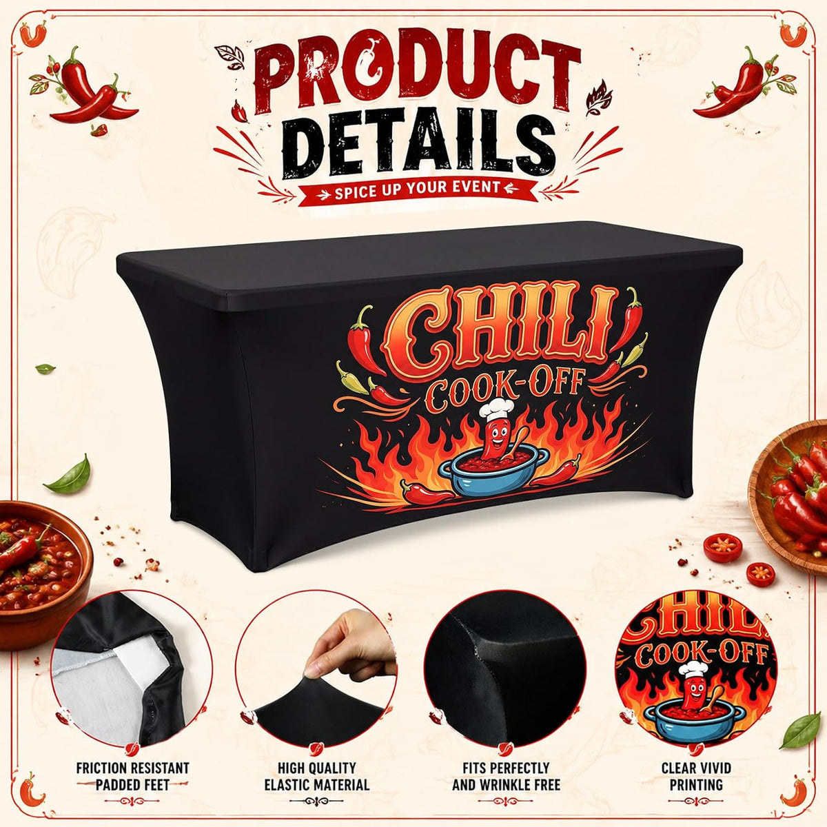 Great Value - Chicplaid 1 Pcs Chili Cook Off Tablecloth 6FT Washable Table Cover for BBQ, - Reusable Washable Chili Pepper Table Skirt for Chili Contest Mexican Fiesta Cinco De Mayo BBQ Vendor Booth Party Decor