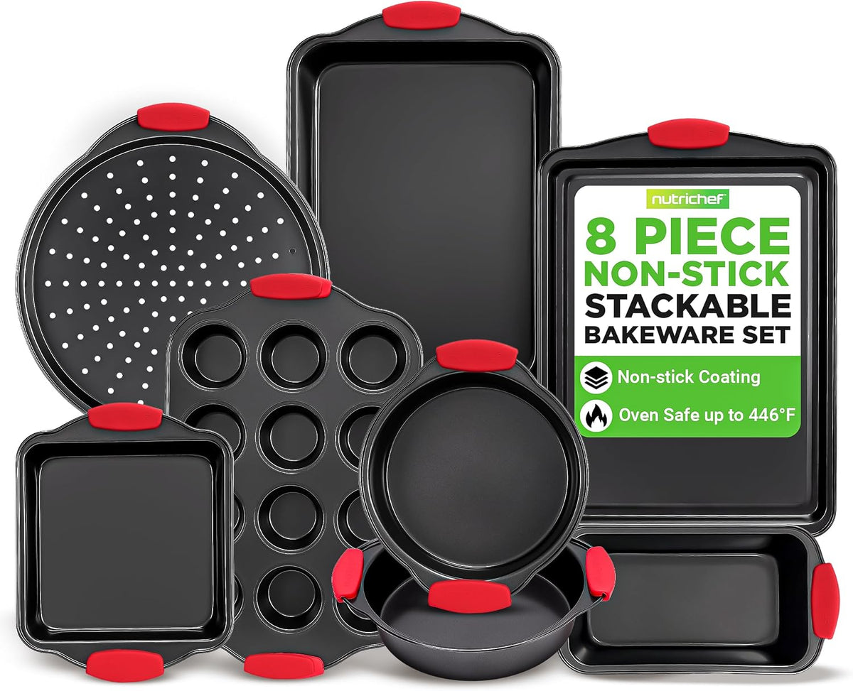NutriChef 3?Piece Nonstick Cookie Sheets – Carbon Steel Baking Sheet Set with Non Stick Coating & Red Silicone Handles – Oven Pans for Family Baking