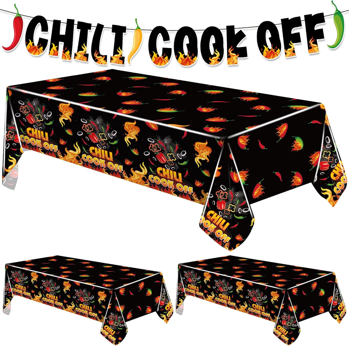 Limited-Time Deal - 4 Pcs Black Chili Cook Off Table Decoration Set, Chilis Pepper Party Decor - Disposable 108 x 54 Chilis Peppers Flame Table Covers 33 Ft Cooking Chili Contest Banner Ornaments Party Supplies