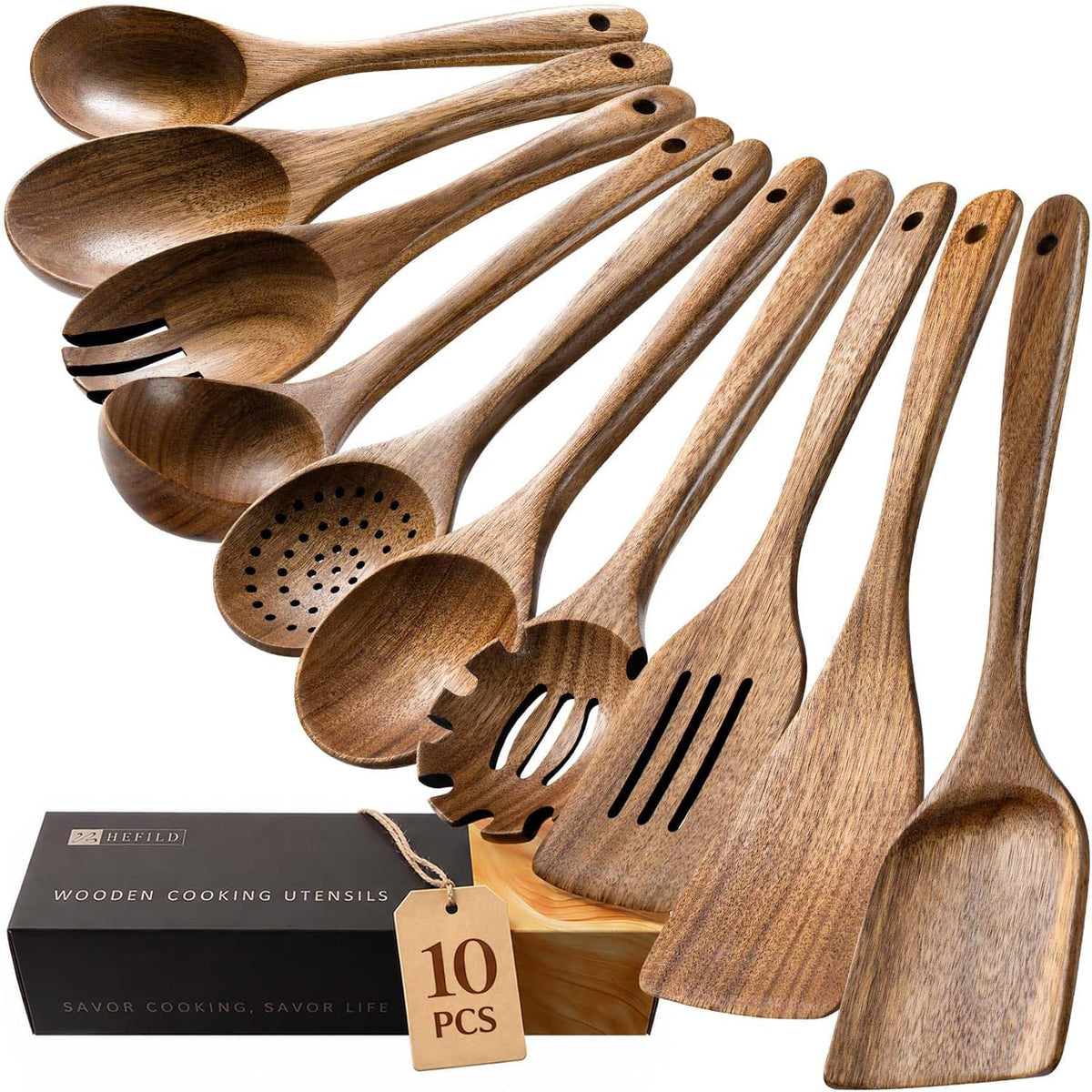 Hefild Wooden Spoons for Cooking, 10-Piece Acacia Wood Cooking Utensil Set - Spoons and spatulas stir, mix, flip and serve; balanced handles offer control while staying gentle on nonstick cookware.