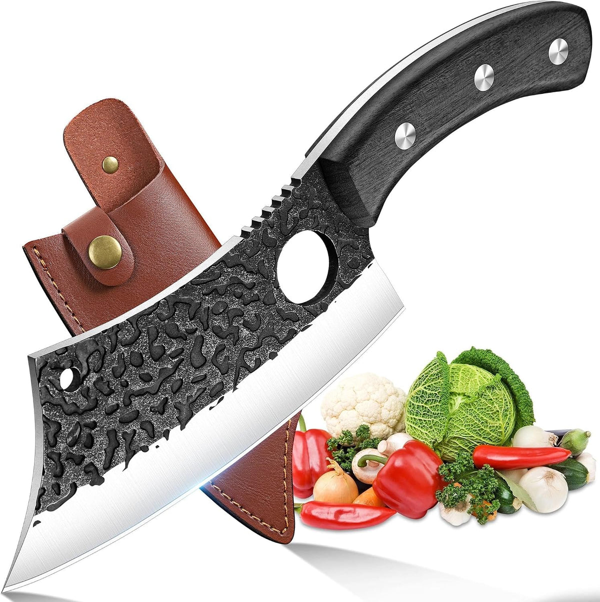 Great Value - ROCOCO Viking Cleaver Knife Birthday - Kitchen Axe & Sheath Father Gift Men - Hand Forged High Carbon Steel Butcher Meat Cutting Boning Knife for Home Outdoor BBQ Camping Chirstmas Mother
