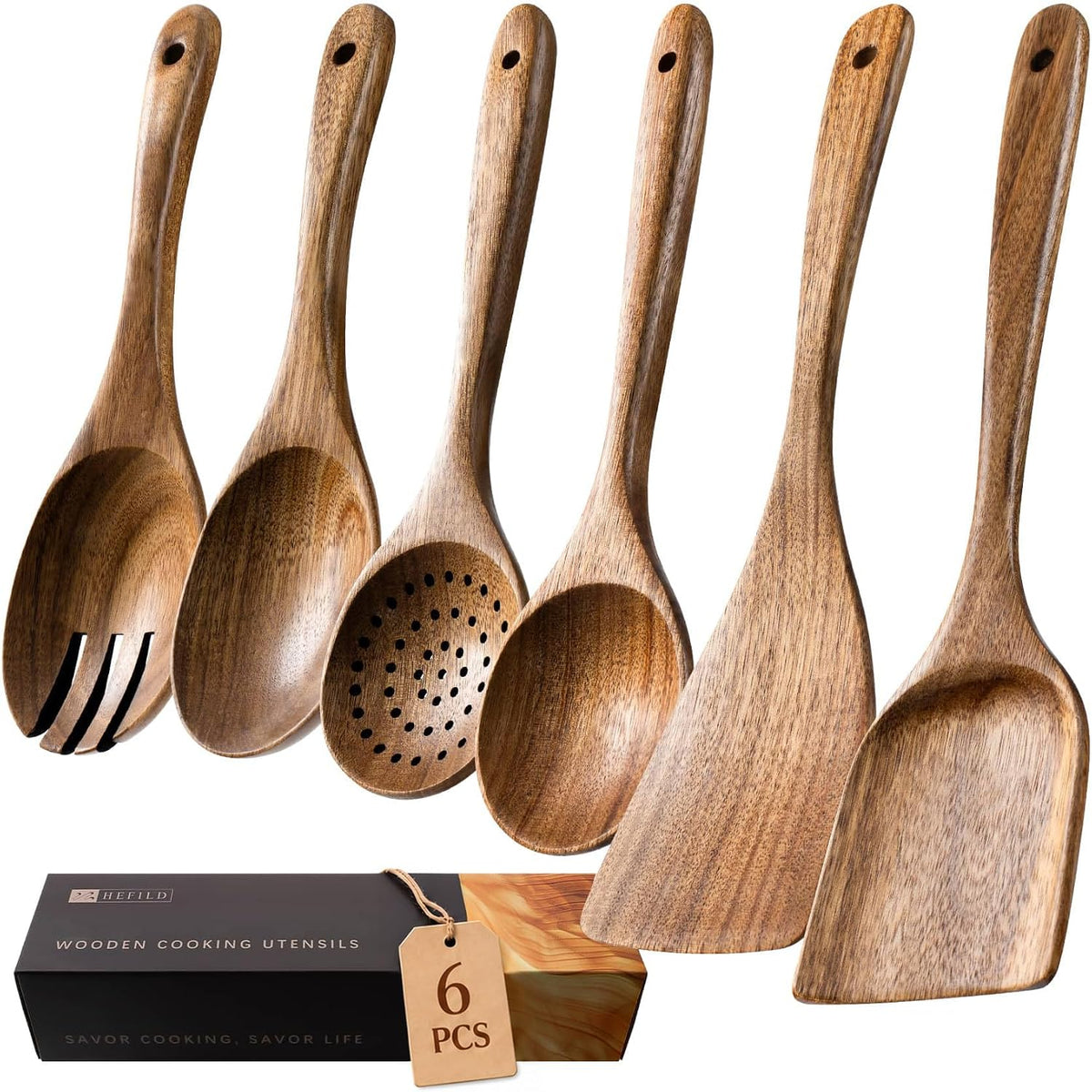 Hefild Wooden Spoons for Cooking, 10-Piece Acacia Wood Cooking Utensil Set - Spoons and spatulas stir, mix, flip and serve; balanced handles offer control while staying gentle on nonstick cookware.
