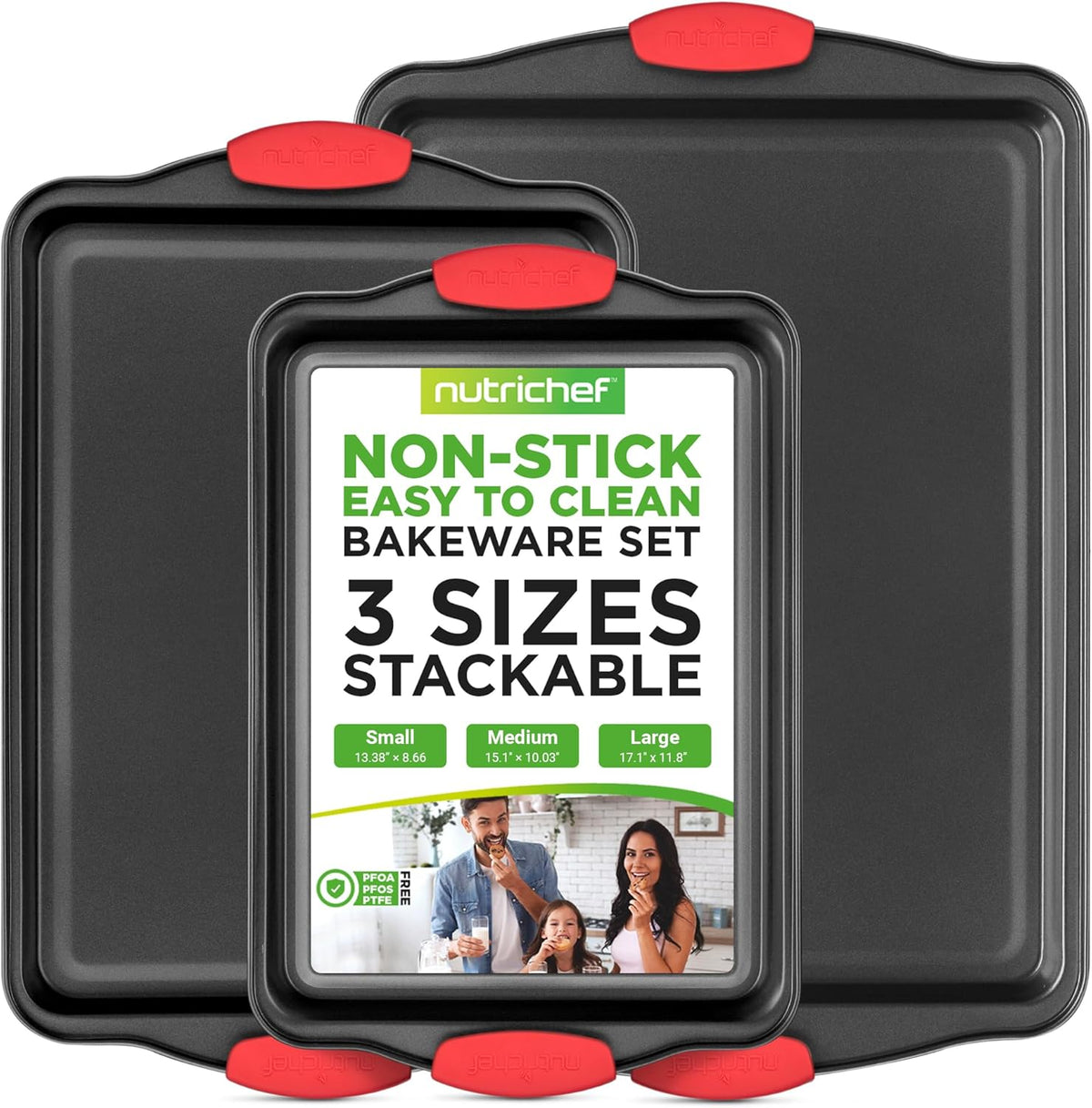 NutriChef 3?Piece Nonstick Cookie Sheets – Carbon Steel Baking Sheet Set with Non Stick Coating & Red Silicone Handles – Oven Pans for Family Baking