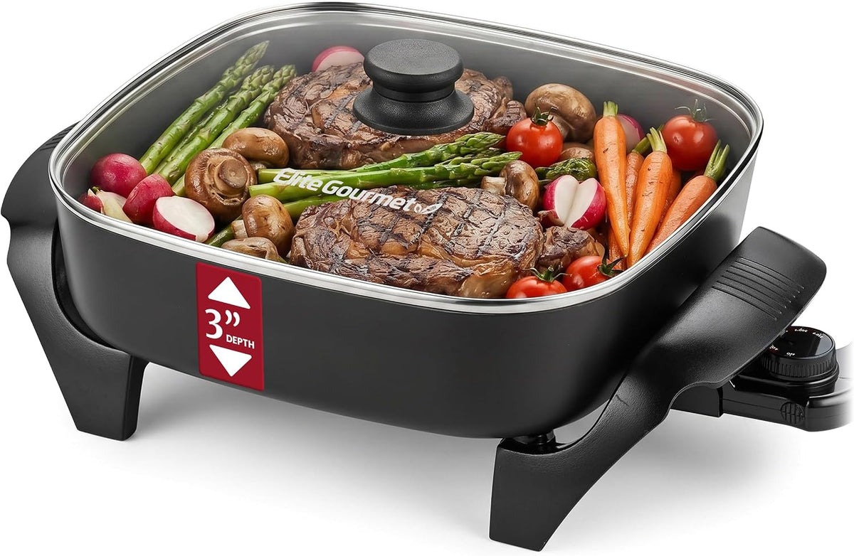 Flash Sale - Elite Gourmet 12 Ceralast? PFAS-Free Ceramic Electric Skillet, 1200W - 12x12 Surface, 2.15 Deep, Rapid Heat, EG2212