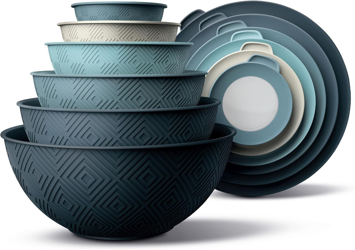 Special Offer - COOK WITH COLOR Mixing Bowls with Lids - 12 Piece Plastic Nesting Bowls Set includes 6 Prep Bowls and 6 Lids, Microwave Safe Mixing Bowl Set, Brown Embossed