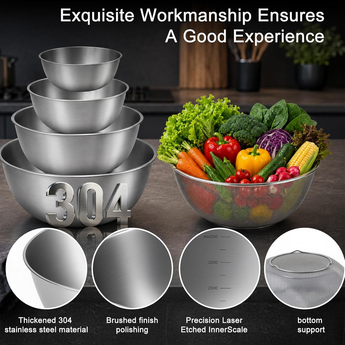 Hot Sale - 7PCS Stainless Steel Mixing Bowls Set with Colanders for Baking, Cooking - 5 Metal Kitchen Bowls with 2 Strainers, Dishwasher Safe, Space-Saving Cooking Bowl Set, for salad, baking, cooking, serving