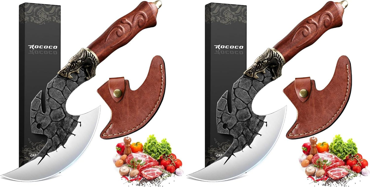 Great Value - ROCOCO Viking Cleaver Knife Birthday - Kitchen Axe & Sheath Father Gift Men - Hand Forged High Carbon Steel Butcher Meat Cutting Boning Knife for Home Outdoor BBQ Camping Chirstmas Mother