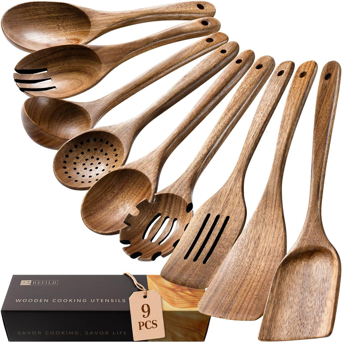 Hefild Wooden Spoons for Cooking, 10-Piece Acacia Wood Cooking Utensil Set - Spoons and spatulas stir, mix, flip and serve; balanced handles offer control while staying gentle on nonstick cookware.