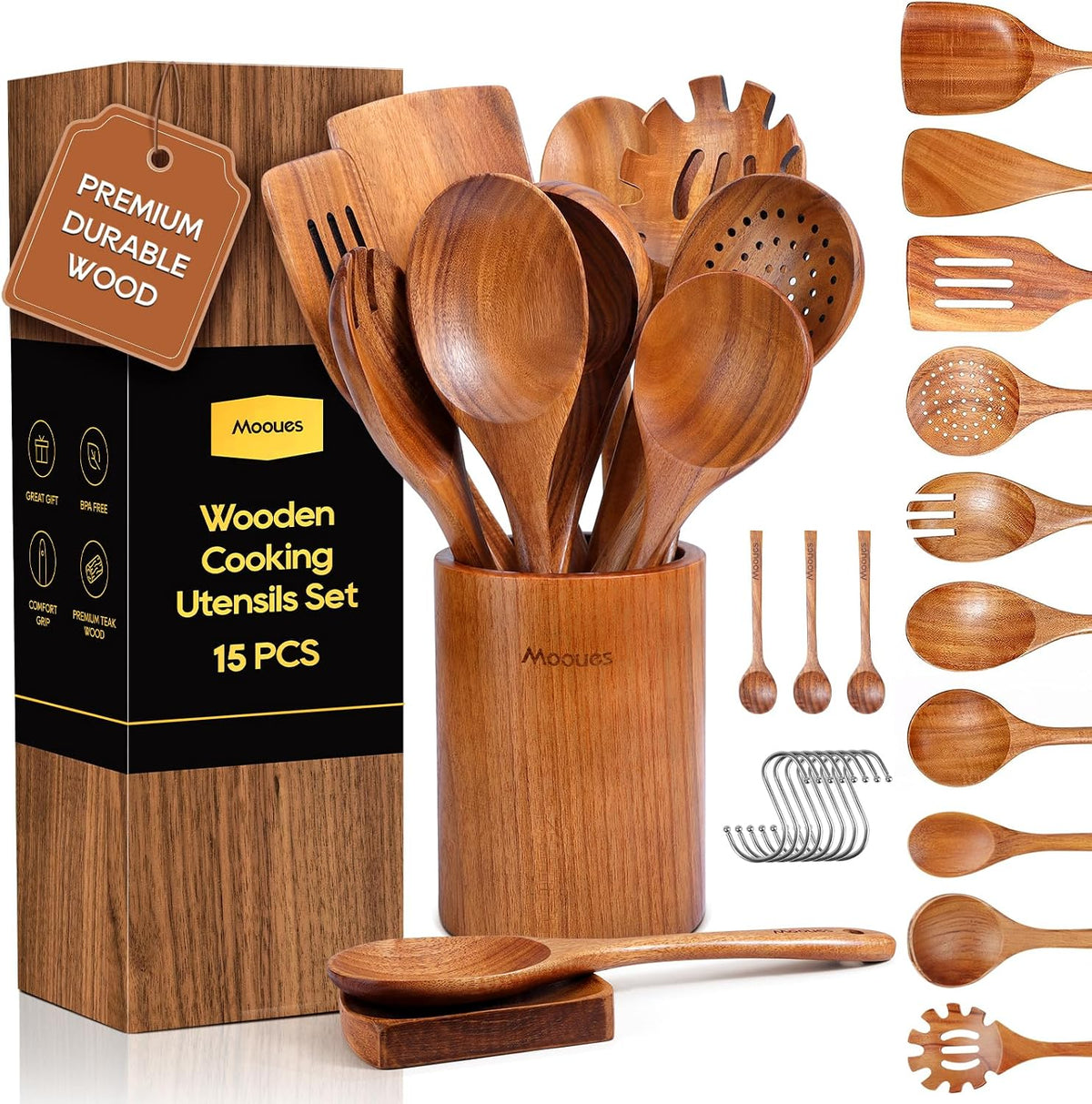 Special Offer - Mooues Wooden Kitchen Utensil Set, 9 Piece Natural Teak with Spoon Rest - Wooden Cooking Utensils with Comfort Grip, Smooth Durable Heat Resistant Cooking Spoons and Utensils Holder for Cooking