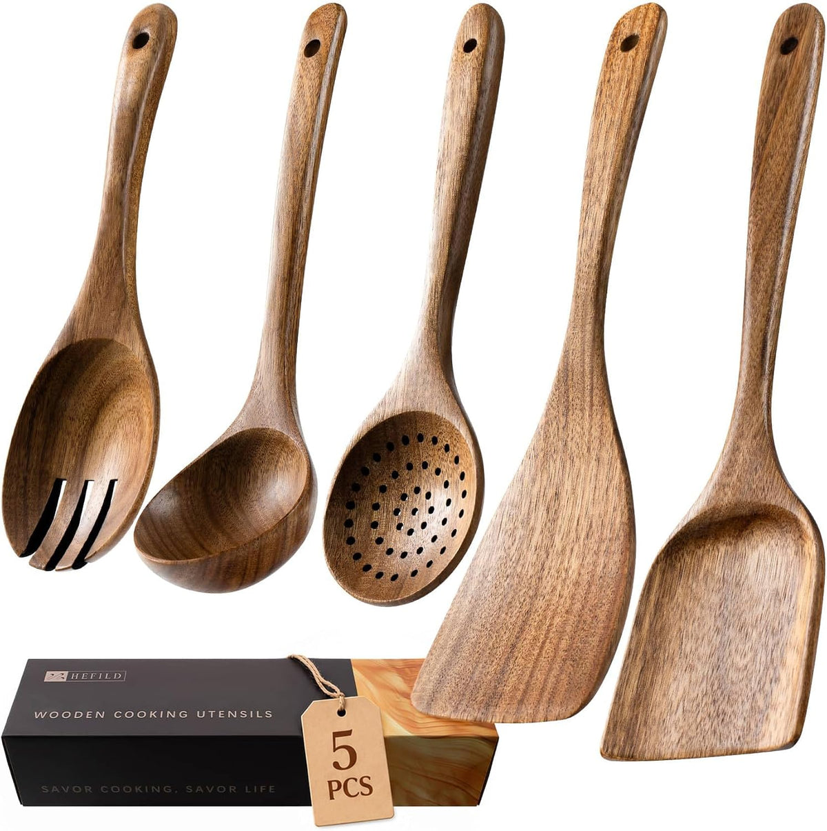 Hefild Wooden Spoons for Cooking, 10-Piece Acacia Wood Cooking Utensil Set - Spoons and spatulas stir, mix, flip and serve; balanced handles offer control while staying gentle on nonstick cookware.