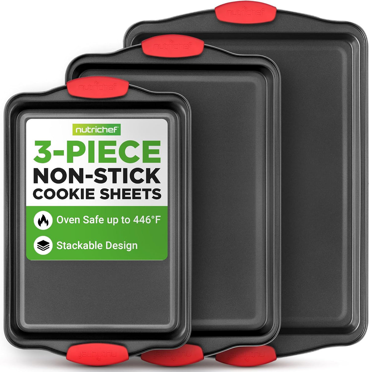NutriChef 3?Piece Nonstick Cookie Sheets – Carbon Steel Baking Sheet Set with Non Stick Coating & Red Silicone Handles – Oven Pans for Family Baking
