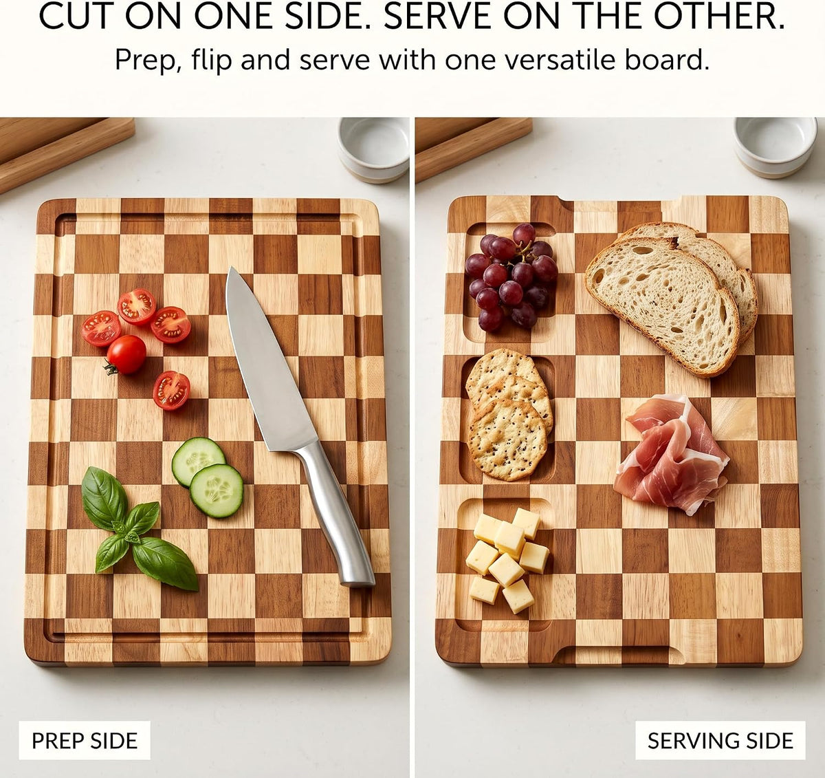 Flash Sale - Checkered Oak Wood Cutting Board Set of 3, Cutting Boards for Kitchen - Non-Toxic, Cutting Board with Stand Juice Groove for Cleaner Prep, Cooked Food Serving, and Upright Storage