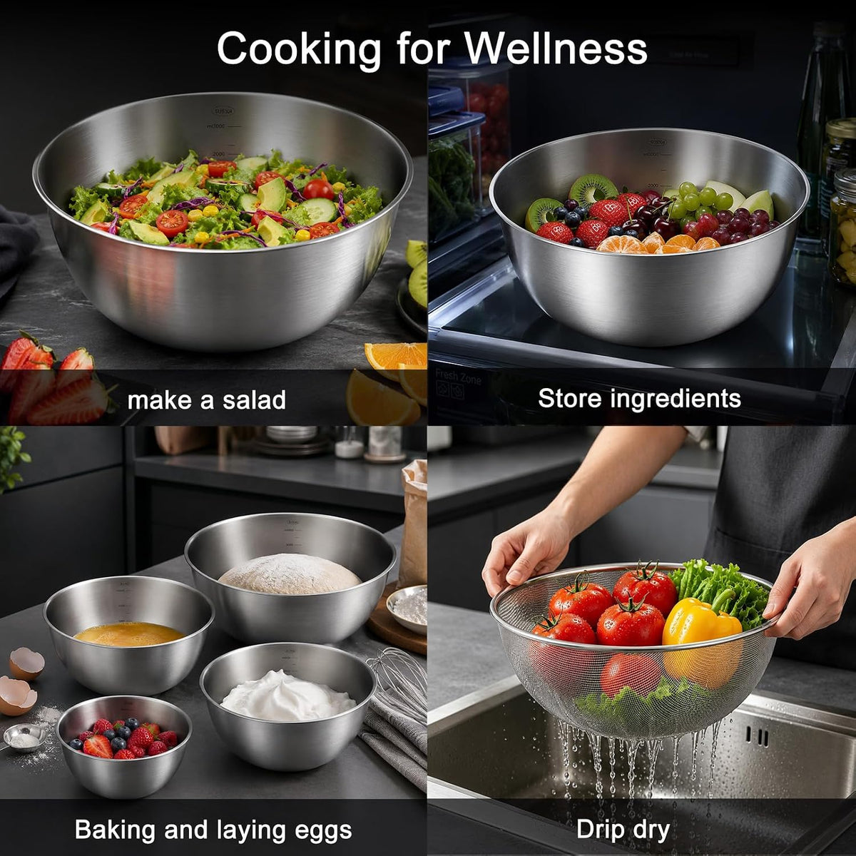 Hot Sale - 7PCS Stainless Steel Mixing Bowls Set with Colanders for Baking, Cooking - 5 Metal Kitchen Bowls with 2 Strainers, Dishwasher Safe, Space-Saving Cooking Bowl Set, for salad, baking, cooking, serving