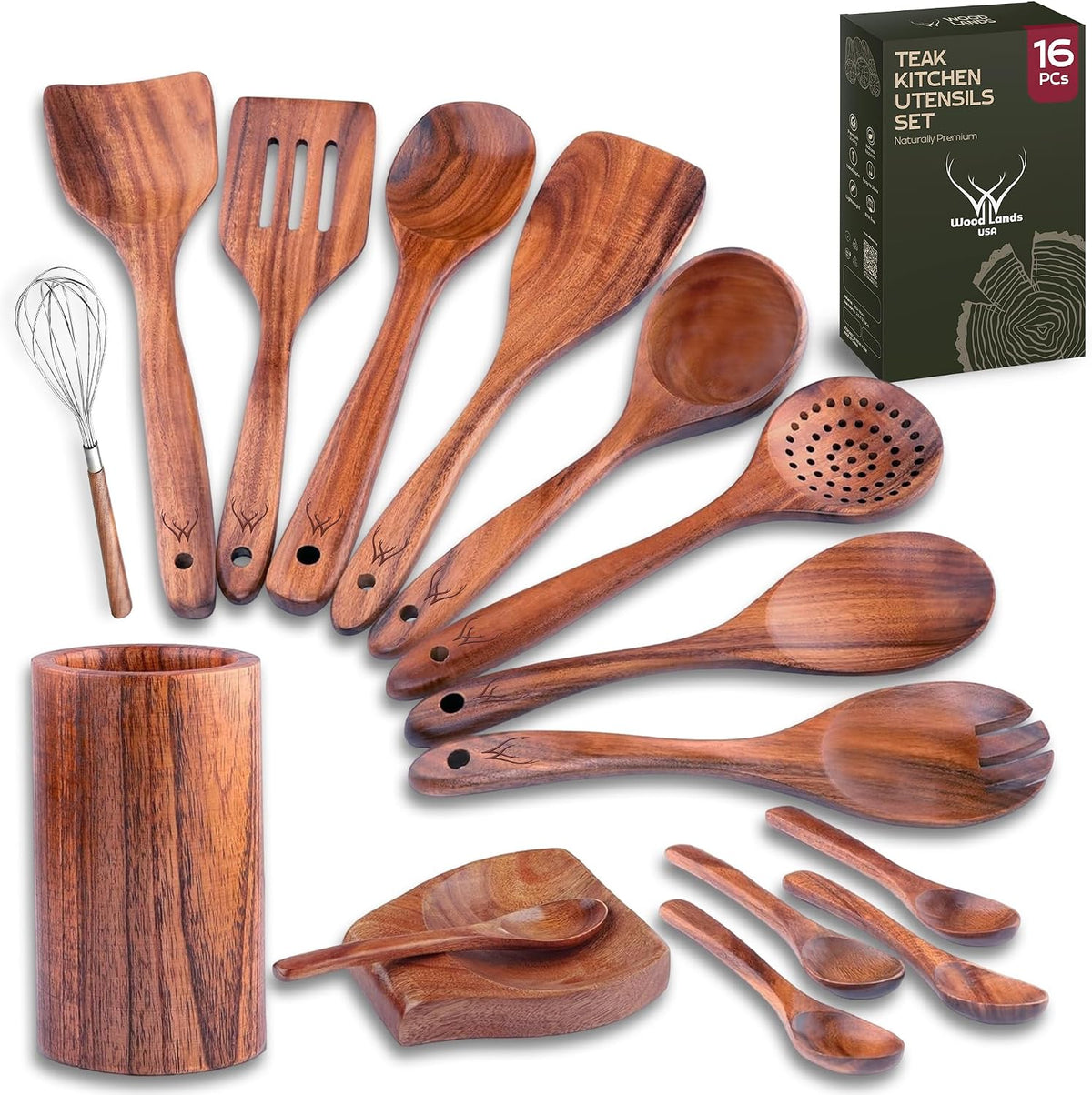 Flash Sale - 8 Pcs Teak Wooden Utensil Set – Premium Wooden Cooking Utensils Set, Natural Wooden Spoons for Cooking - Sturdy Kitchen Utensils & Cooking Spoons for Every Chef