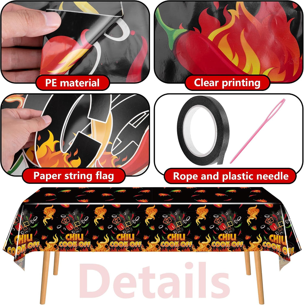 Limited-Time Deal - 4 Pcs Black Chili Cook Off Table Decoration Set, Chilis Pepper Party Decor - Disposable 108 x 54 Chilis Peppers Flame Table Covers 33 Ft Cooking Chili Contest Banner Ornaments Party Supplies