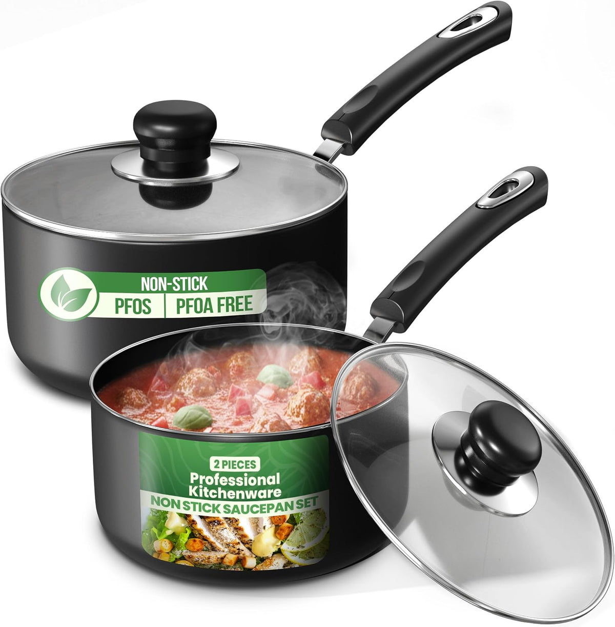 Utopia Kitchen Nonstick Saucepan Set with Lids 1 QT 2 QT Pots PFOS Free - Multipurpose Cooking Pots Set, Nonstick Coating, Even Heat Distribution, Durable, Bakelite Handles, Dishwasher Safe