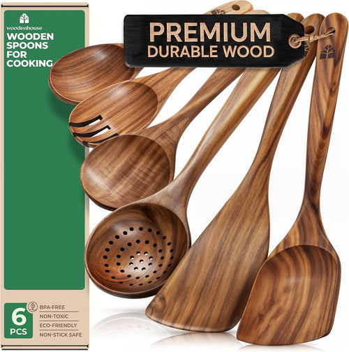 Best Seller - Wooden Spoons for Cooking – 10 Pcs Non Toxic Teak Kitchen Utensils Set - Includes spatula, turner, ladle, skimmer, pasta server & salad fork; heat resistant, nonstick safe, easy to clean
