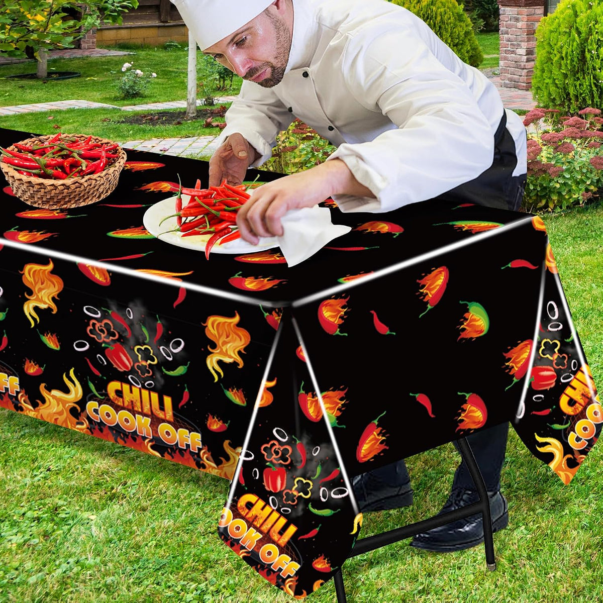 Limited-Time Deal - 4 Pcs Black Chili Cook Off Table Decoration Set, Chilis Pepper Party Decor - Disposable 108 x 54 Chilis Peppers Flame Table Covers 33 Ft Cooking Chili Contest Banner Ornaments Party Supplies