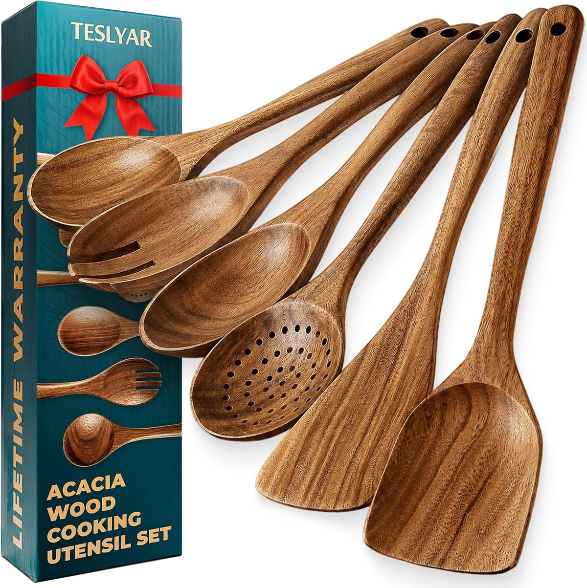 Best Seller - TESLYAR Wooden Spoons for Cooking, Acacia Wood Kitchen Utensil Set, 6 Pcs - Non toxic spatula, turner, skimmer, salad fork, serving and mixing spoons, safe for nonstick pans, housewarming gift