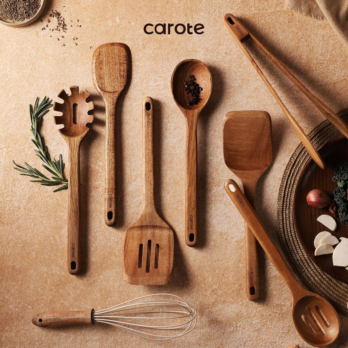 Best Seller - CAROTE Wooden Utensil Set, 8-Piece Acacia Wood Cooking Utensils - Nonstick Cookware Friendly, Durable, Heat-Resistant, Cool-Touch Handles, Hanging Loops, Everyday Kitchen Essentials